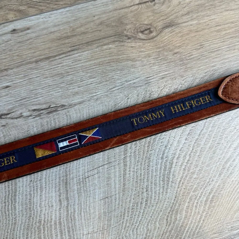 Tommy Hilfiger Vintage Spellout Logo Flags Brown Leather Branded Belt 34